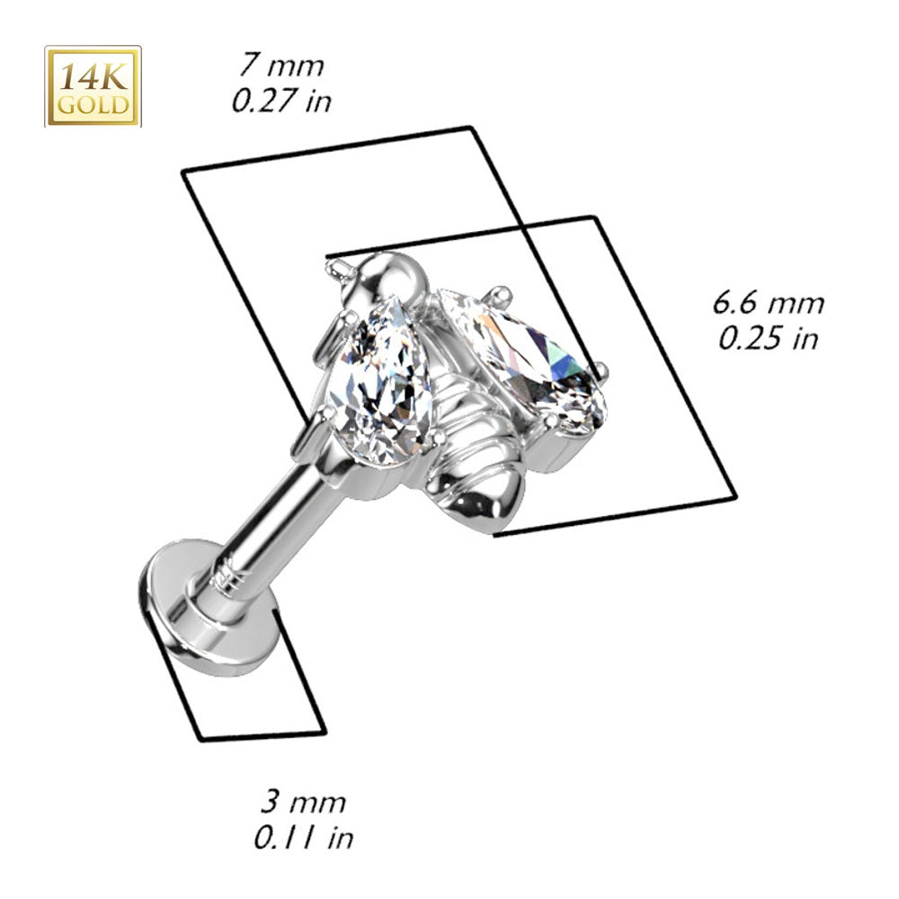 14K Solid Gold 16 Gauge Threadless CZ Wing Bee Labret Stud