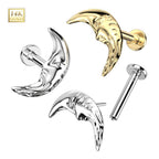 14K Solid Gold 18 Gauge Threadless Face in Crescent Moon Labret Stud