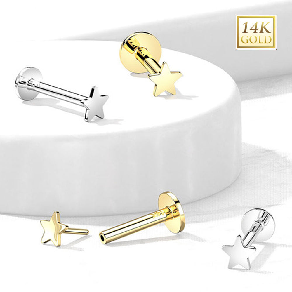 14K Solid Gold Threadless Push-In Star Labret Stud 18 Gauge 8mm