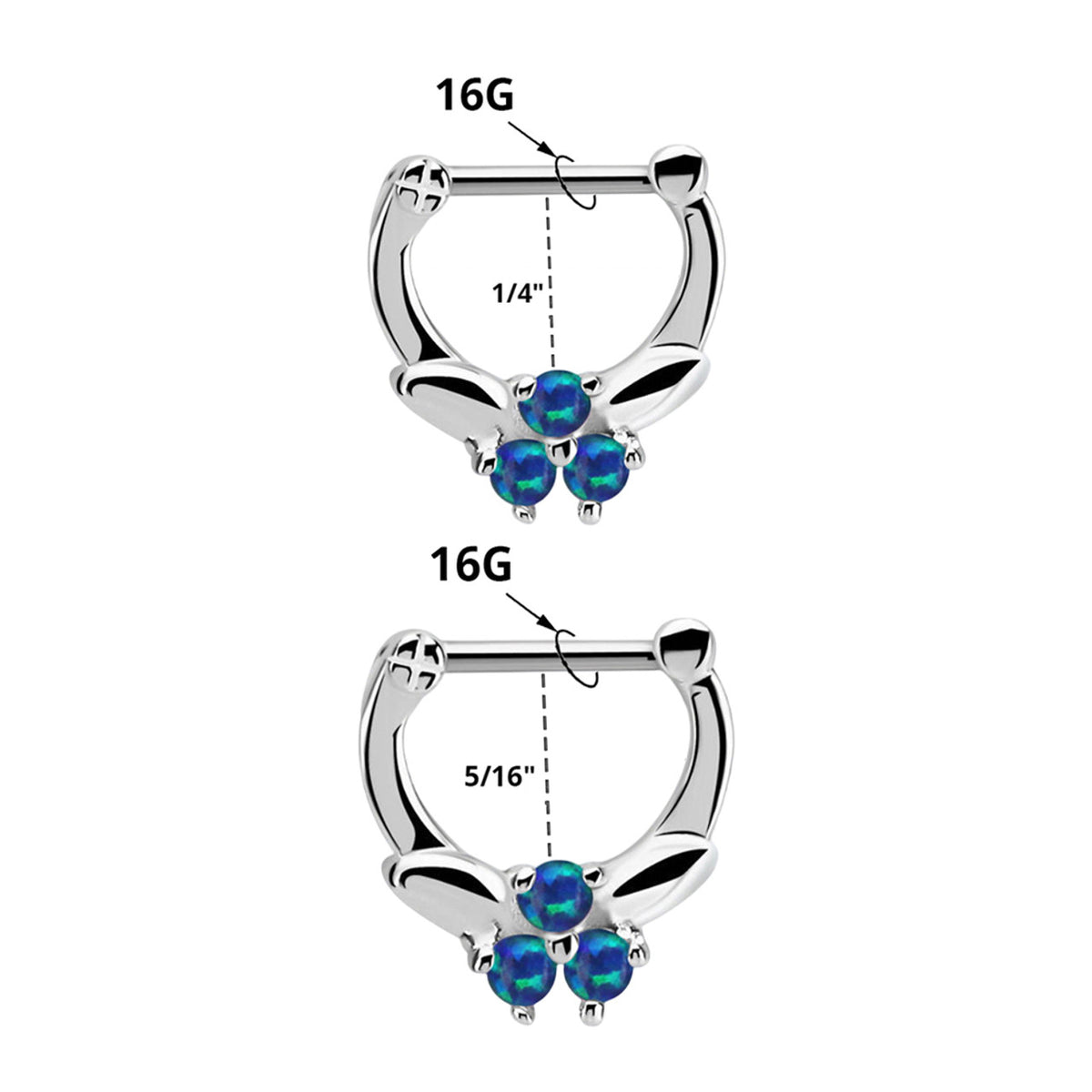 Surgical Steel Hinged Septum Ring 16G 6mm & 8mm with 3 Synthetic Opals - photo 2