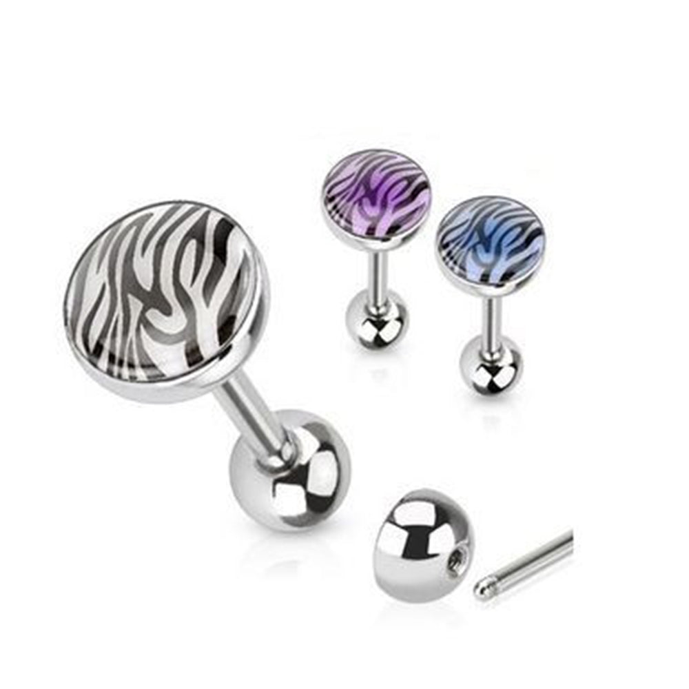 Surgical Steel 14 Gauge Tongue Barbell with Tiger Print Dome