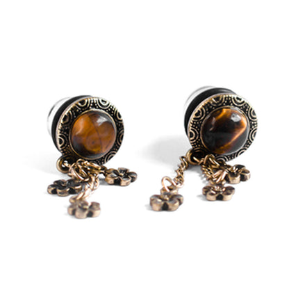 Surgical Steel Ear Gauge Dangles with Tiger's Eye Flower - Pair - photo 2