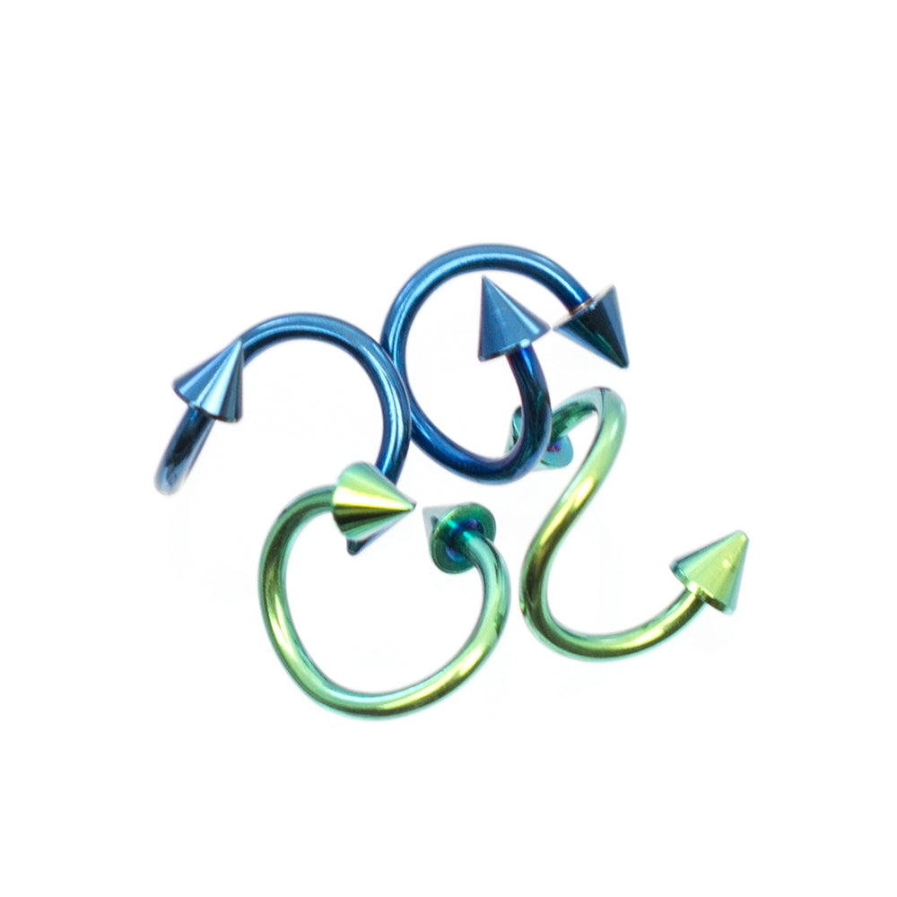 Anodized Titanium 16 Gauge Blue & Green Spike Twister Rings - 4 Pack