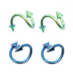 Anodized Titanium 16 Gauge Blue & Green Spike Twister Rings - 4 Pack