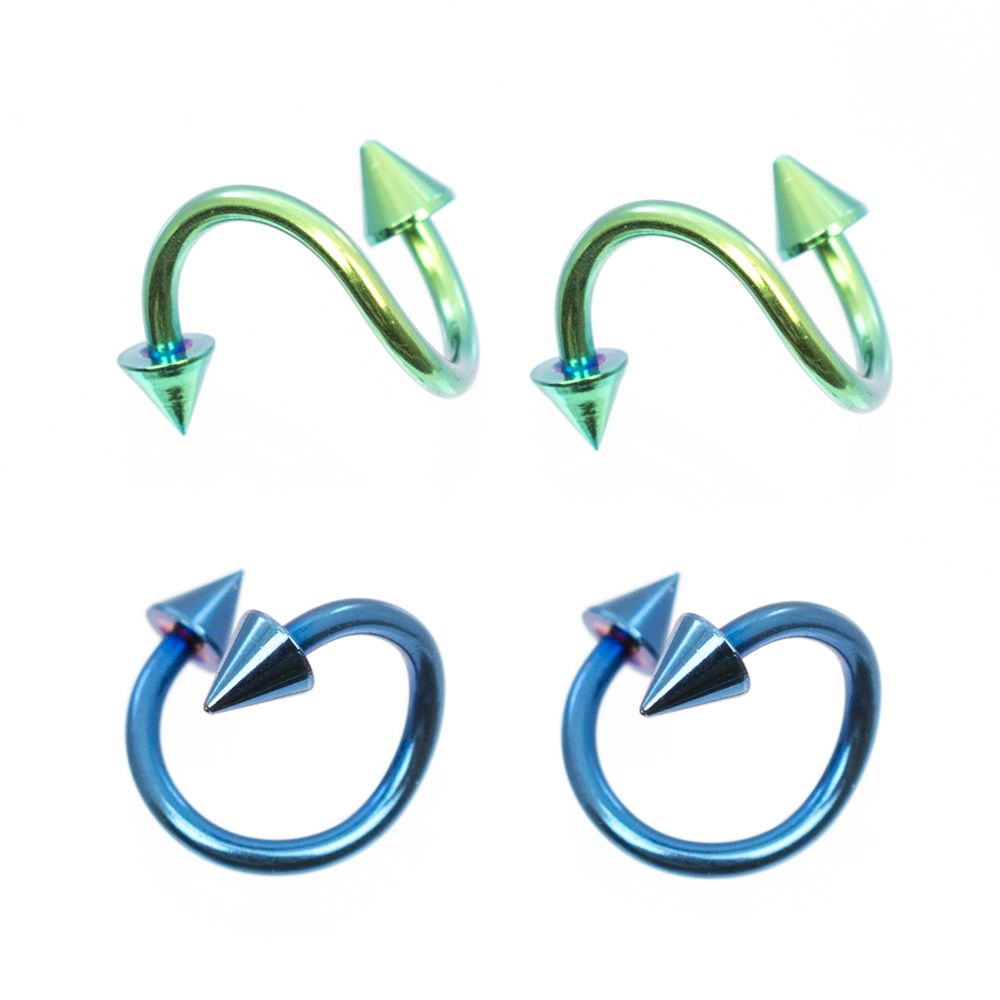 Anodized Titanium 16 Gauge Blue & Green Spike Twister Rings - 4 Pack