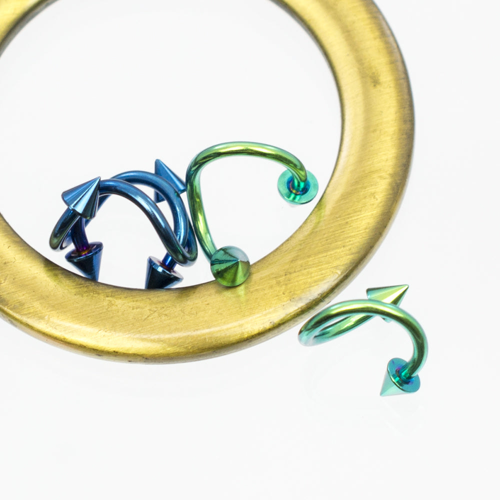 Anodized Titanium 16 Gauge Blue & Green Spike Twister Rings - 4 Pack