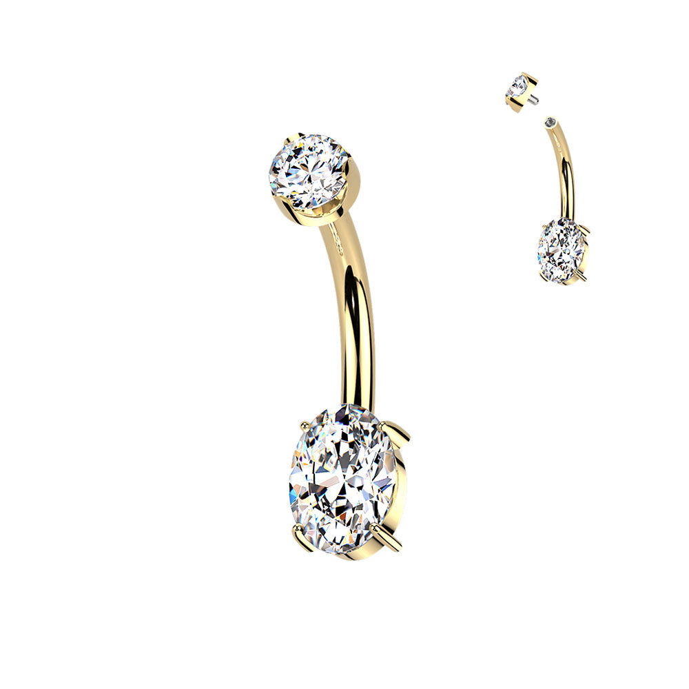 Gold Plated Titanium 14 Gauge Oval CZ Belly Button Ring 10mm