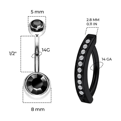 Titanium Black Belly Ring Hinged Hoop Clicker 14 Gauge Gems - 2 Pieces