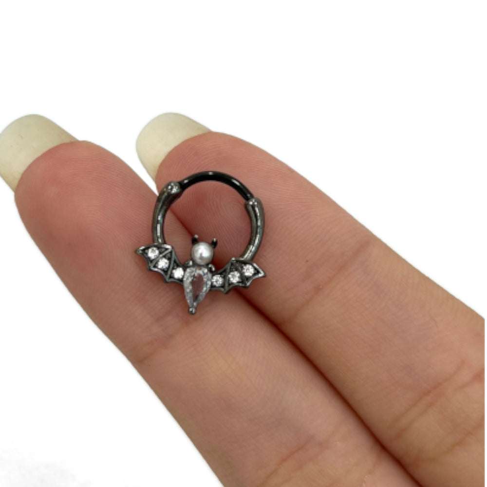 Titanium Hinged Segment Ring 16G 10mm with Vampire Bat CZ & Pearl - photo 4