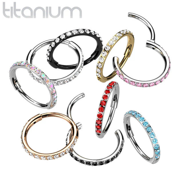 Titanium 20 Gauge Hinged Nose Ring CZ Hoop with Paved Clicker