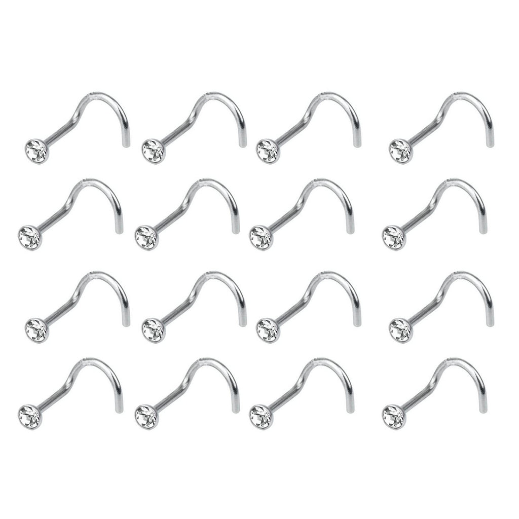 Titanium 20 Gauge Bezel CZ Corkscrew Nose Studs 6mm - 16 Pack