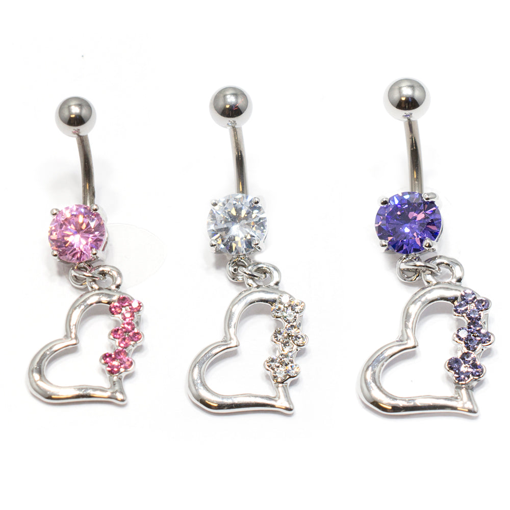 Titanium 14 Gauge Belly Ring with Heart Dangle and CZ Gems