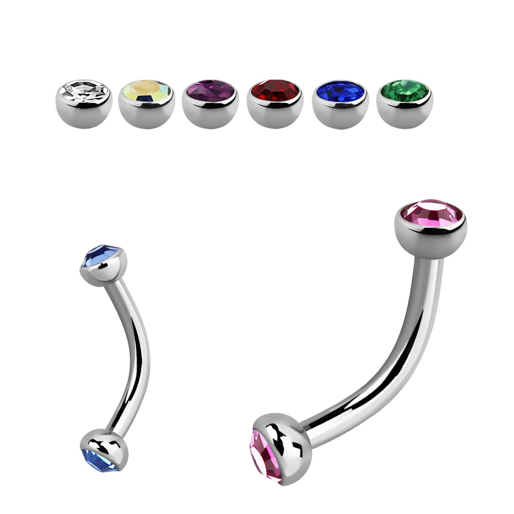 Titanium 16 Gauge Curved Barbell with CZ Half-Ball Ends