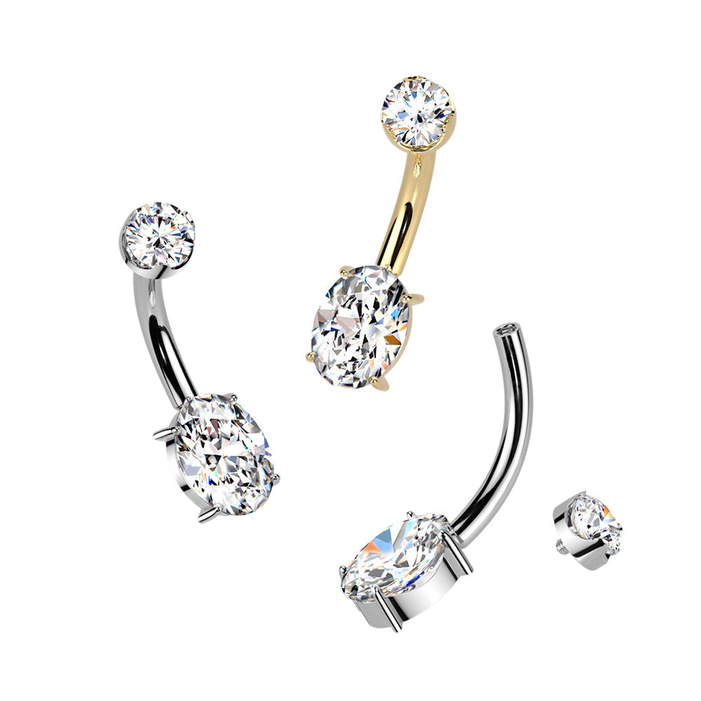 Gold Plated Titanium 14 Gauge Oval CZ Belly Button Ring 10mm