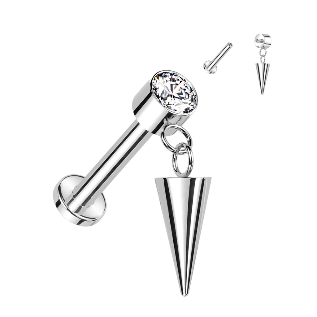Titanium 16 Gauge Dangling Spike CZ Flat Back Labret Stud