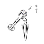 Titanium 16 Gauge Dangling Spike CZ Flat Back Labret Stud