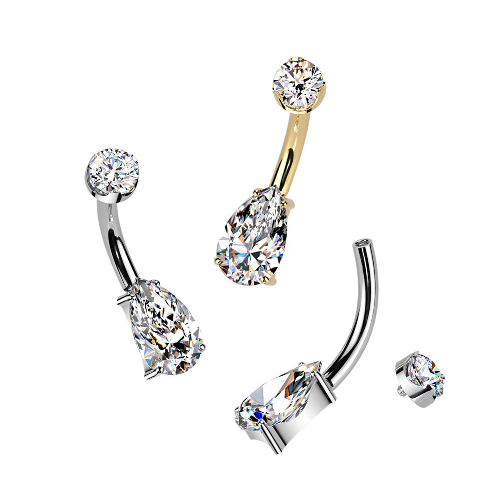 Gold Plated Titanium 14 Gauge Teardrop CZ Belly Button Ring 10mm
