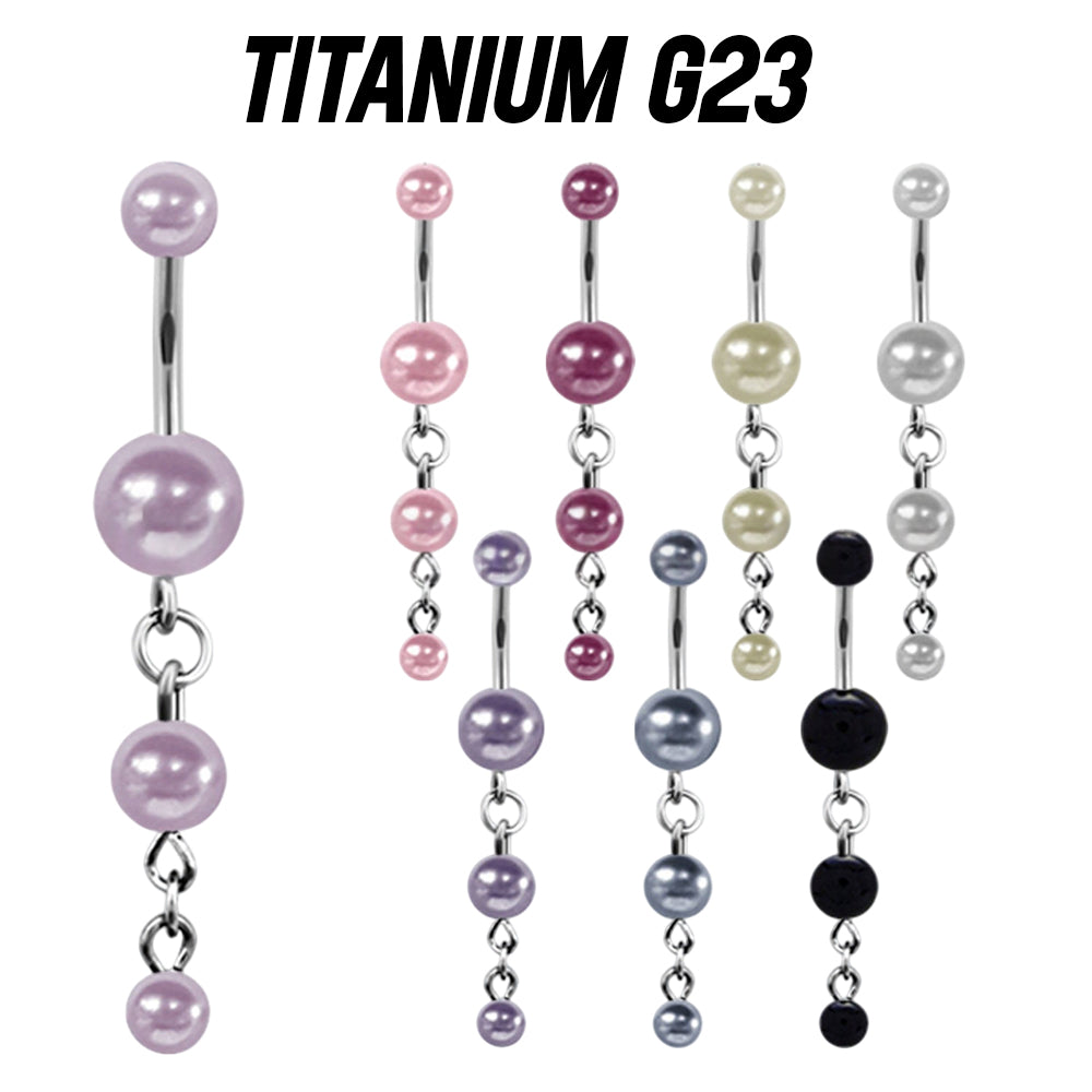Titanium belly ring with triple pearl dangle