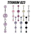 Titanium belly ring with triple pearl dangle