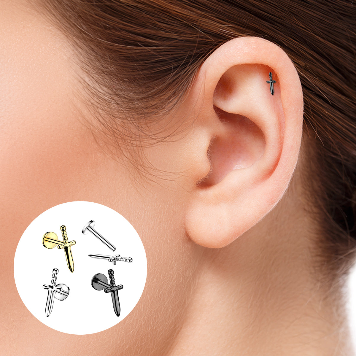 Titanium Flat Back Labret Stud 16G 6mm & 8mm with Dagger Top - photo 2