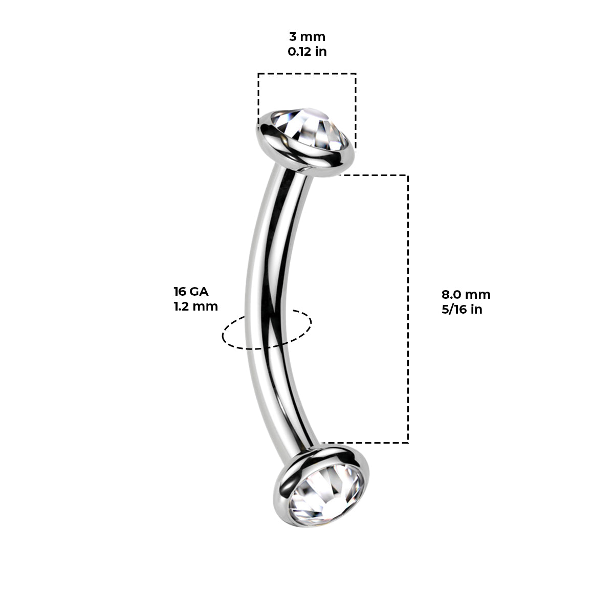 Titanium Curved Eyebrow Barbell 16G 8mm with CZ - photo 2