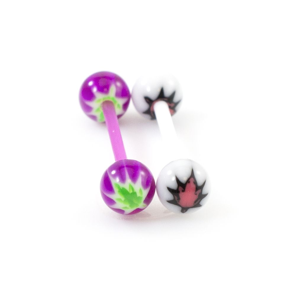 Acrylic 14 Gauge Tongue Barbells with Pot Leaf Design - Pair