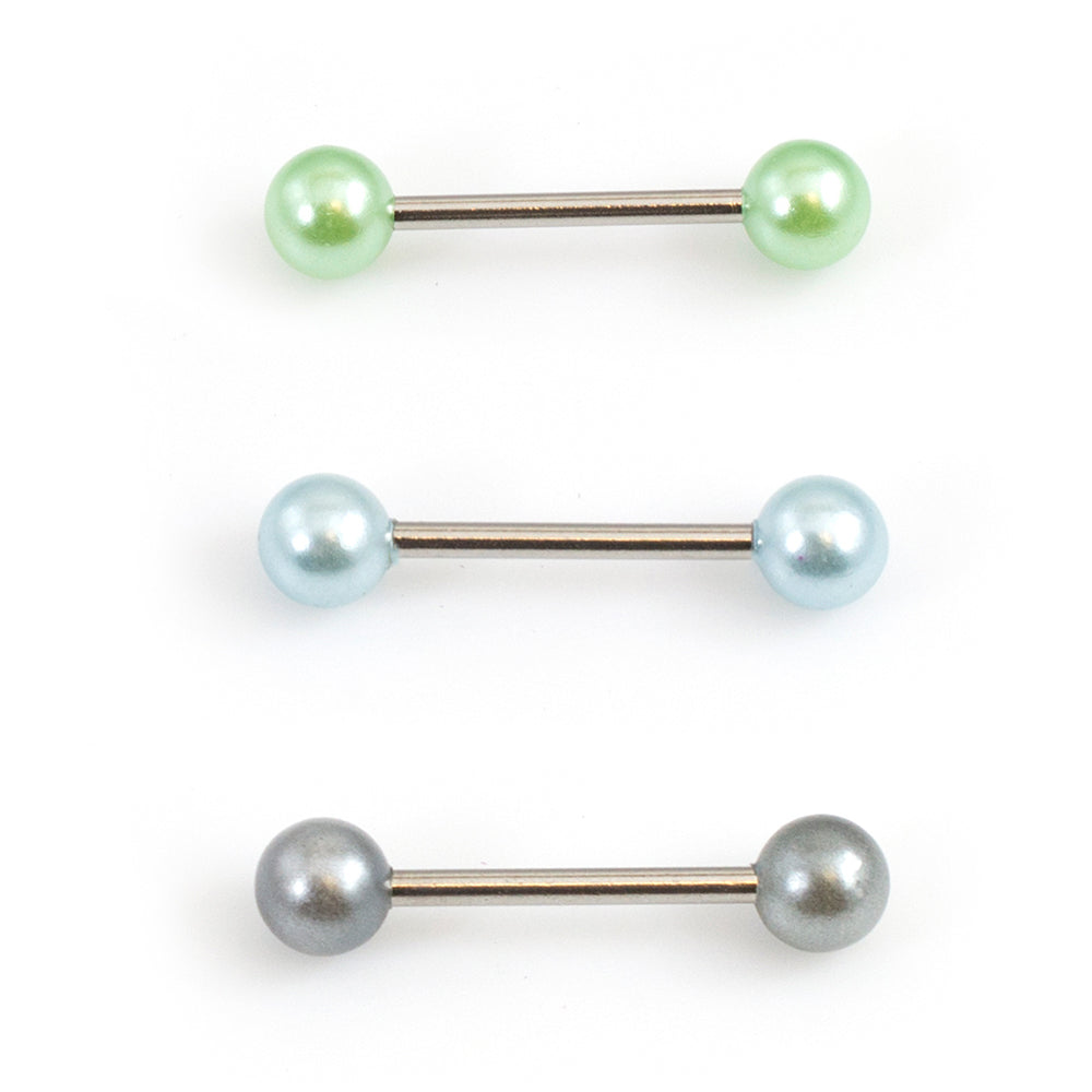 Surgical Steel 14 Gauge Tongue Barbell with Faux Pearl Balls