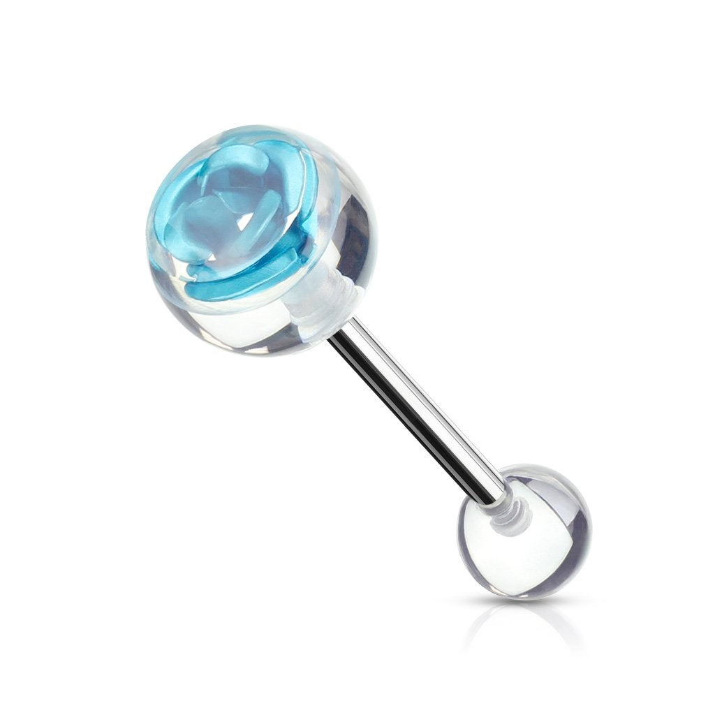 Surgical Steel 14 Gauge Tongue Barbell with Metal Rose in Clear Ball - photo 2