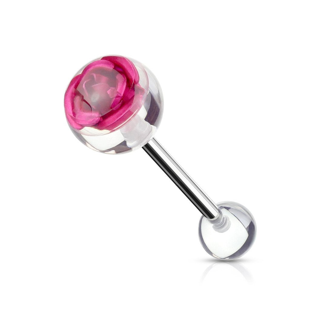Surgical Steel 14 Gauge Tongue Barbell with Metal Rose in Clear Ball - photo 5