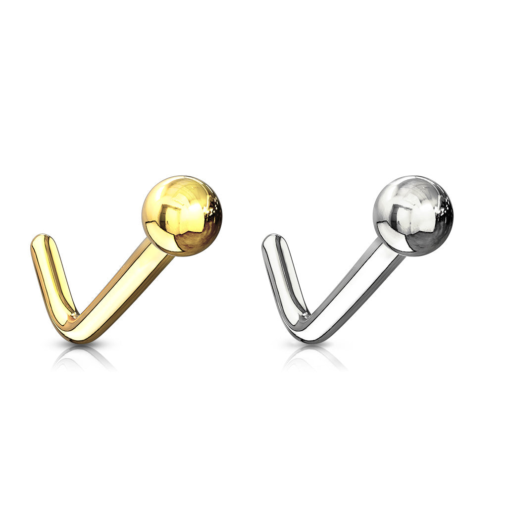 14K Solid Gold 18 and 20 Gauge L Shaped Nose Stud with Top Ball