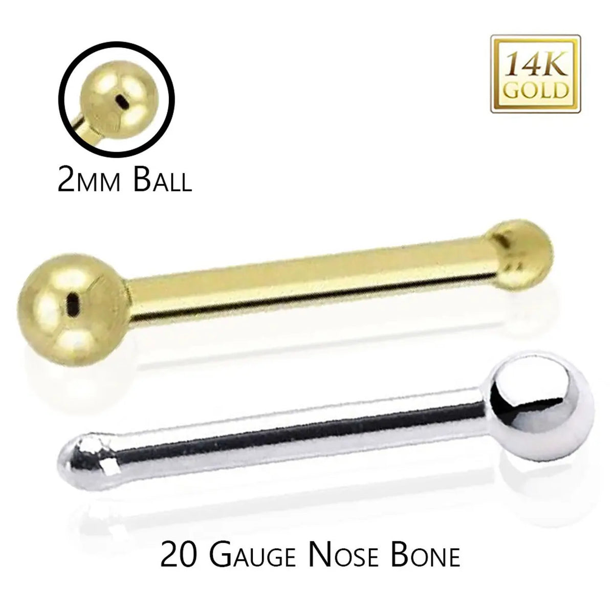 14K Solid Gold 20 Gauge Nose Bone Stud with Top Ball