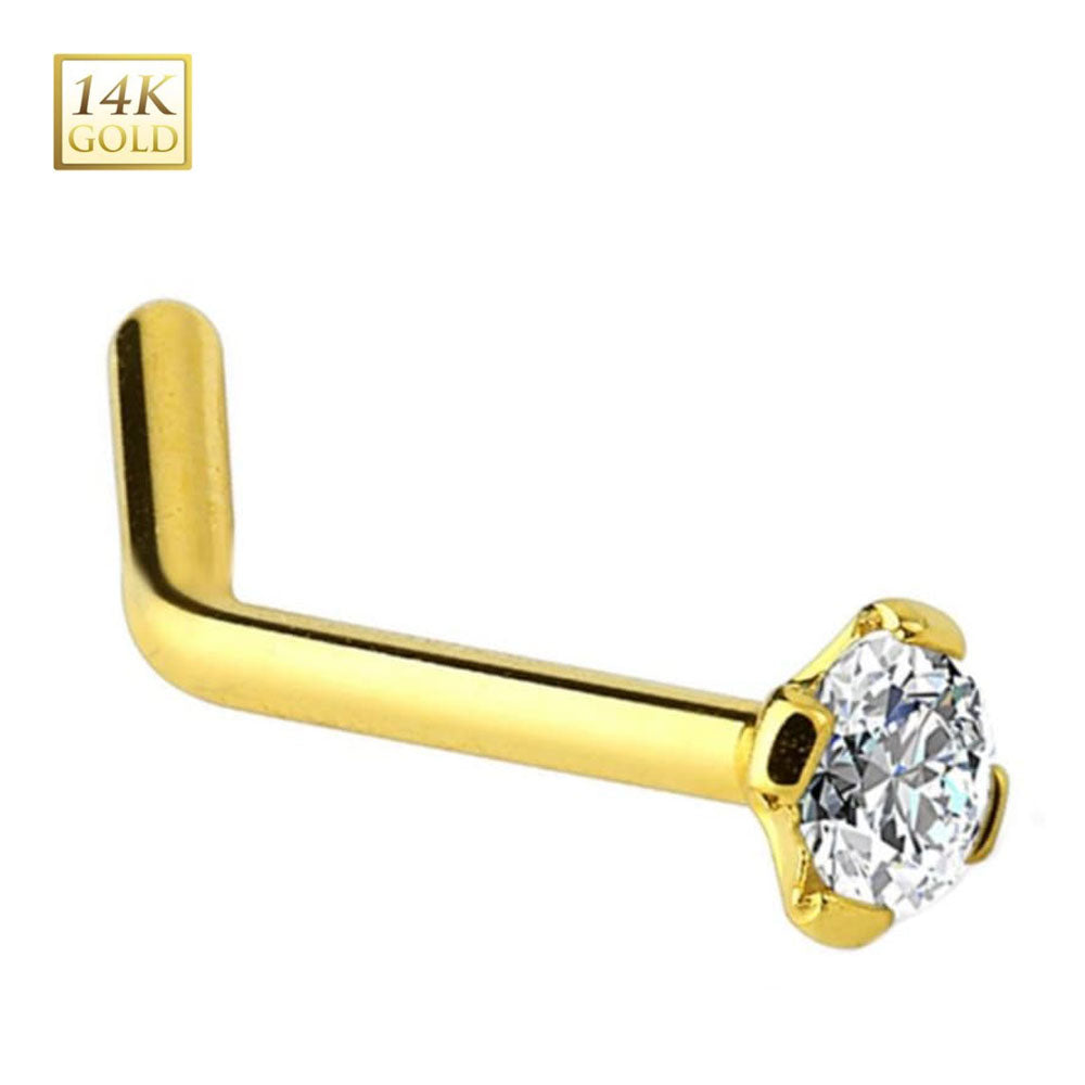 14K Solid Gold 20 Gauge L Shaped Nose Stud with 2mm Diamond