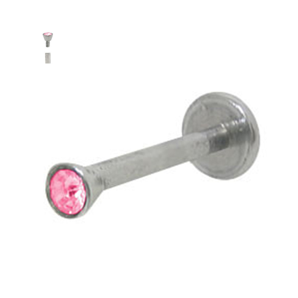 Surgical Steel 16 Gauge Flat Back Labret Stud with Pink CZ Torch