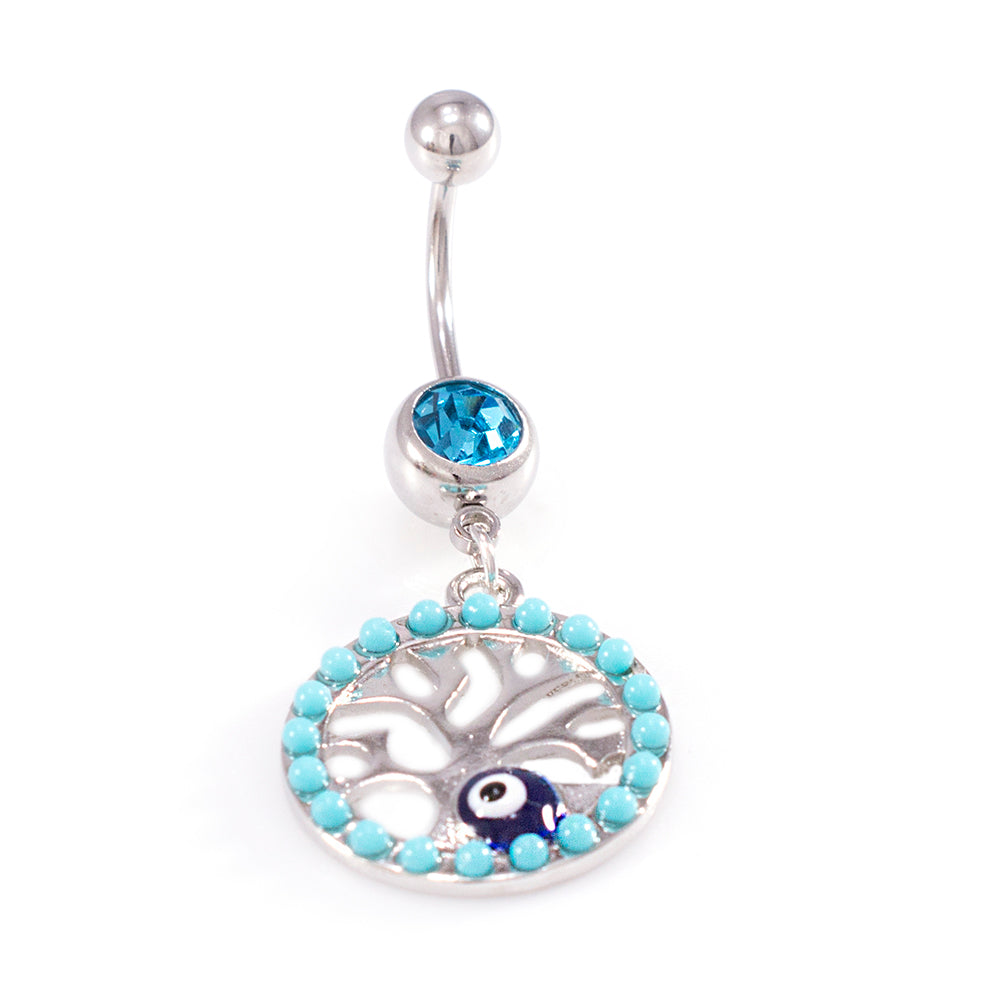Surgical Steel 14 Gauge Belly Ring Tree of Life Dangle with Aqua CZ - photo 2