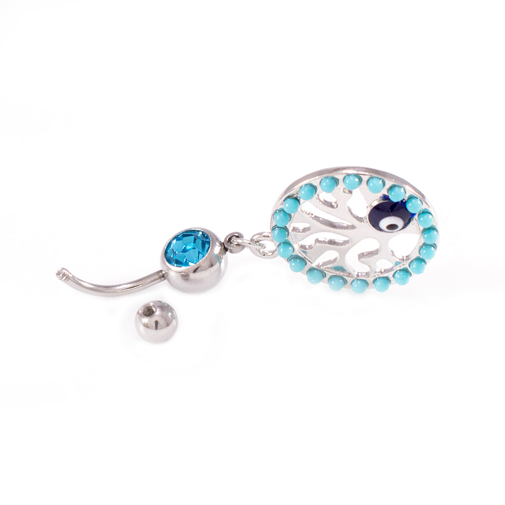 Surgical Steel 14 Gauge Belly Ring Tree of Life Dangle with Aqua CZ - photo 3