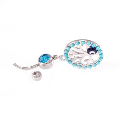 Surgical Steel 14 Gauge Belly Ring Tree of Life Dangle with Aqua CZ - photo 3
