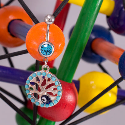 Surgical Steel 14 Gauge Belly Ring Tree of Life Dangle with Aqua CZ - photo 4