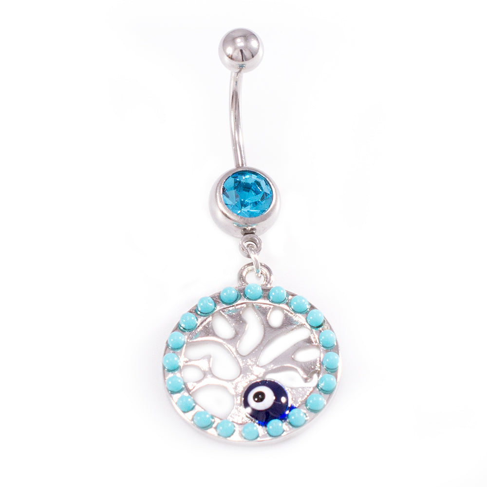 Surgical Steel 14 Gauge Belly Ring Tree of Life Dangle with Aqua CZ