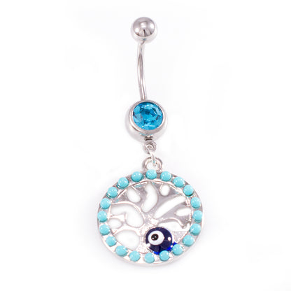 Surgical Steel 14 Gauge Belly Ring Tree of Life Dangle with Aqua CZ