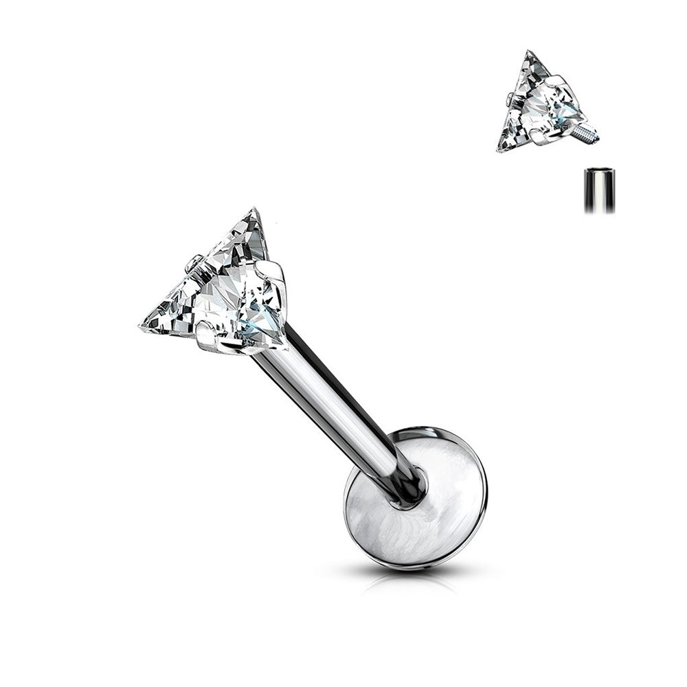 Titanium 16 Gauge Labret Stud CZ Flat Back with Prong Triangle