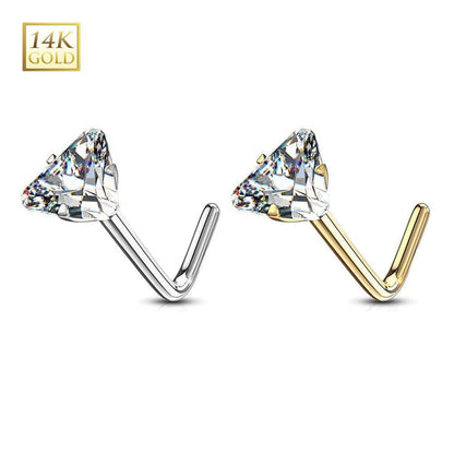 14K Solid Gold 20 Gauge L Shaped Nose Stud with Triangle CZ