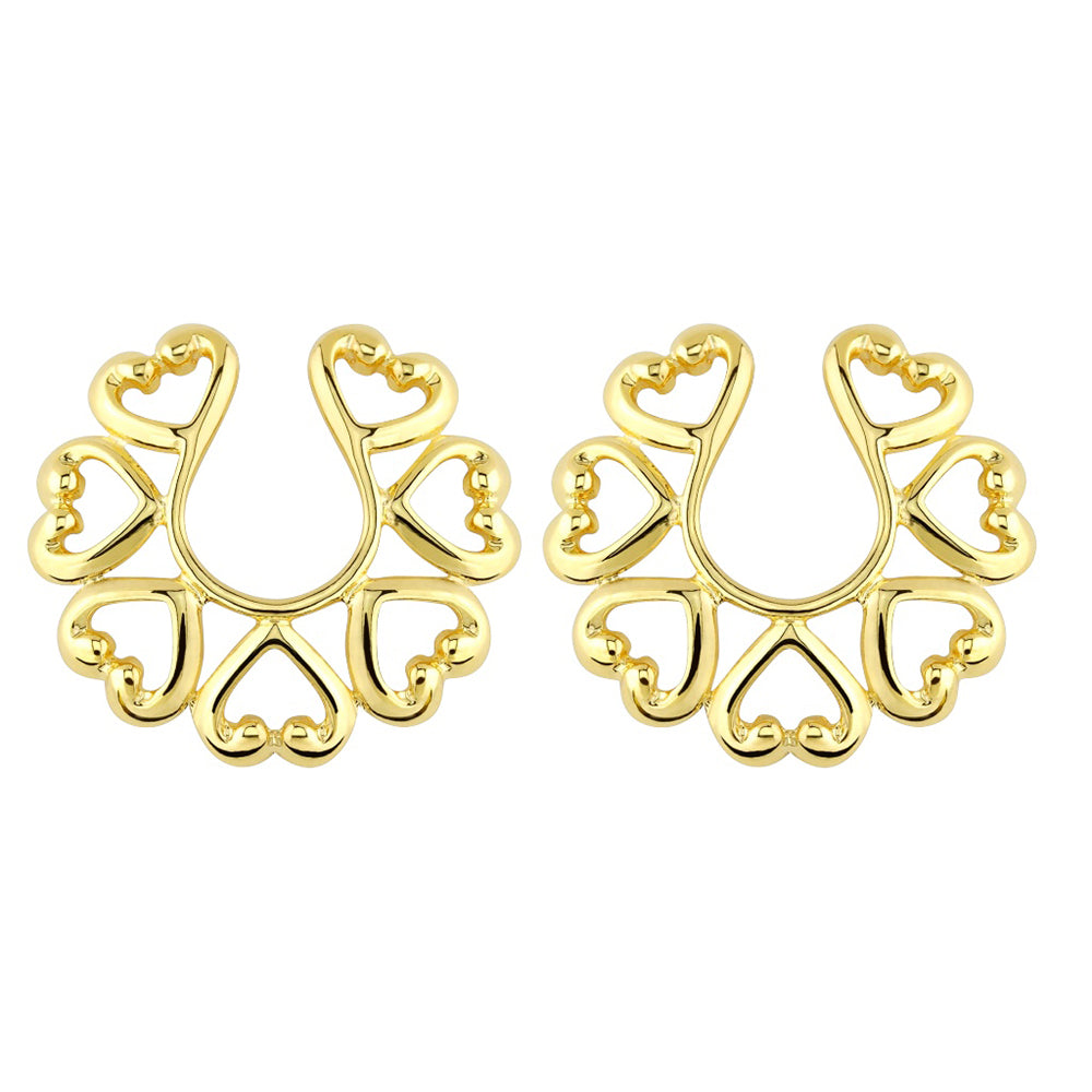 Surgical Steel Clip On Nipple Ring with Gold Tribal Heart - Pair