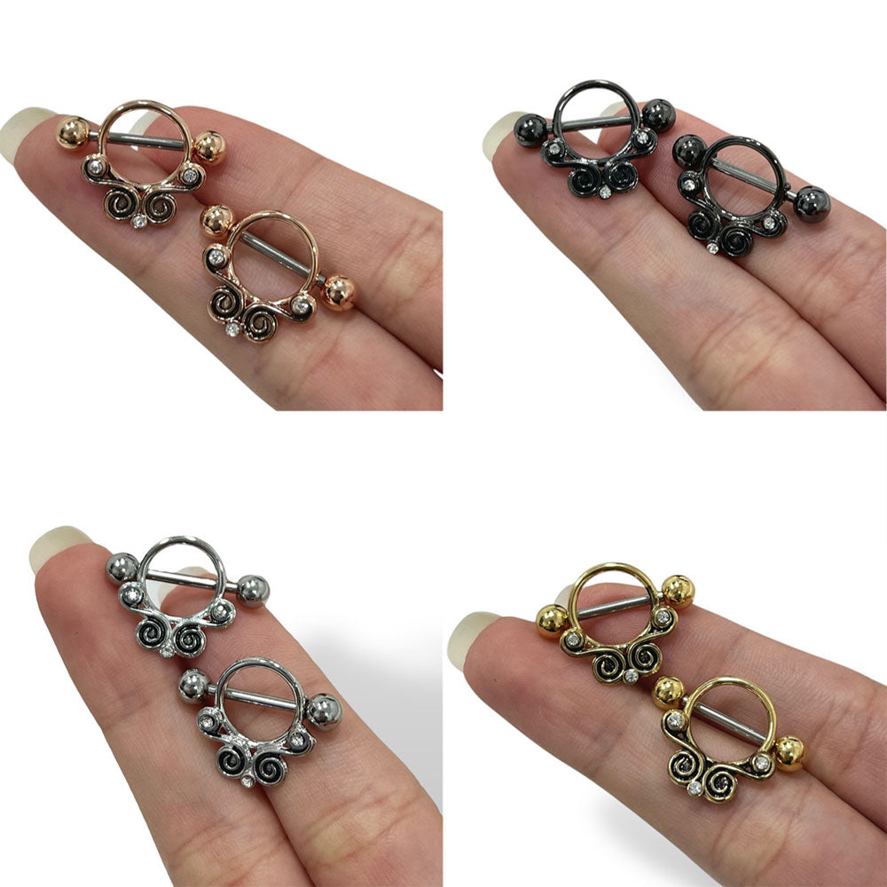 Surgical Steel 14 Gauge Nipple Shield with Tribal Lace Swirl CZ - Pair - photo 2