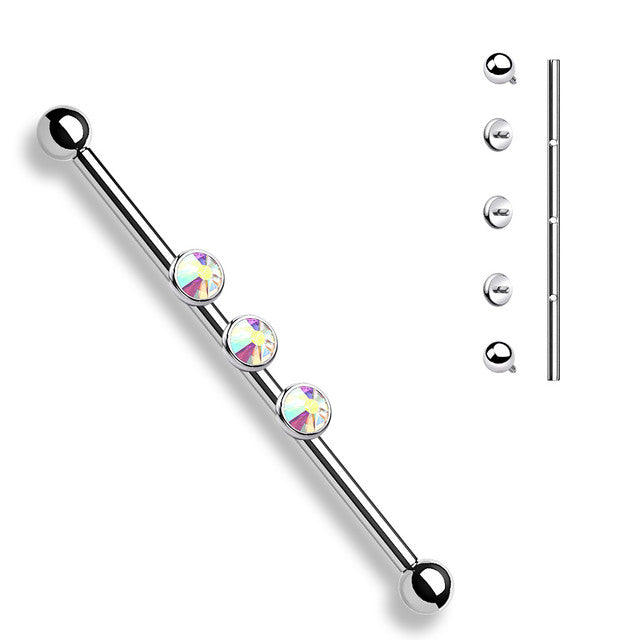 Surgical Steel 14 Gauge Triple Bezel CZ Industrial Barbell