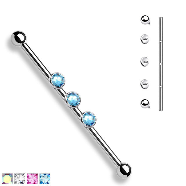 Surgical Steel 14 Gauge Triple Bezel CZ Industrial Barbell