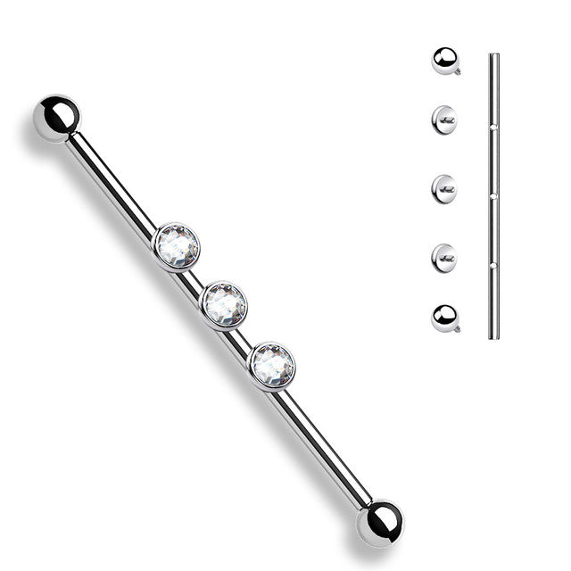 Surgical Steel 14 Gauge Triple Bezel CZ Industrial Barbell