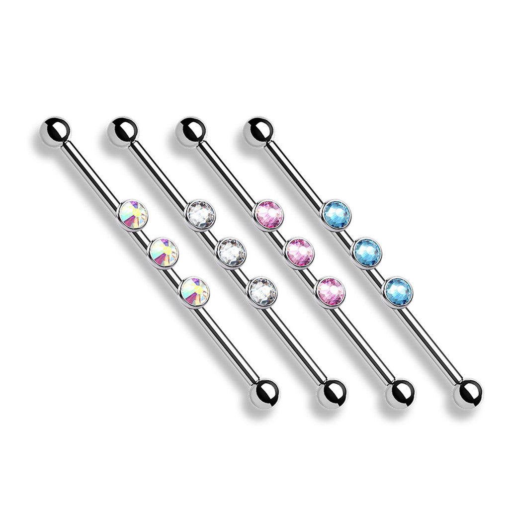 Surgical Steel 14 Gauge Triple Bezel CZ Industrial Barbell