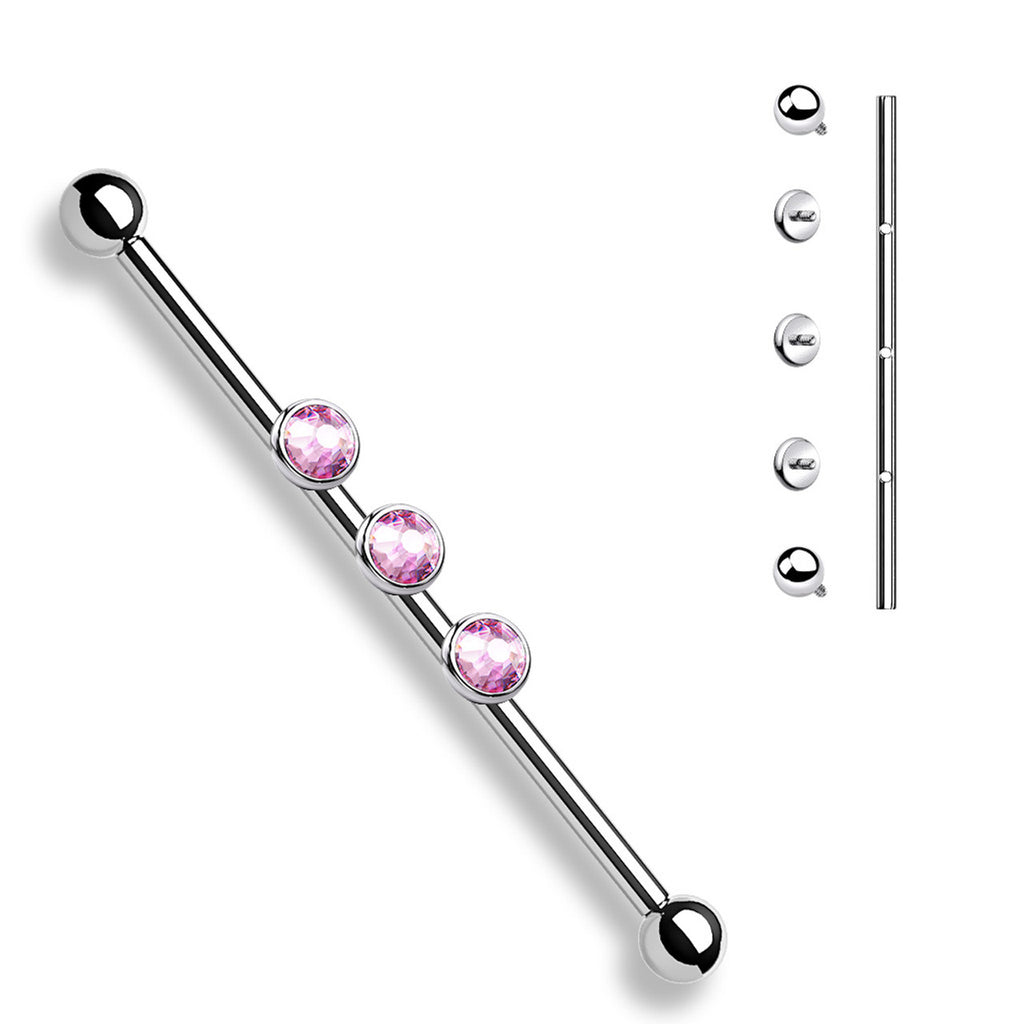 Surgical Steel 14 Gauge Triple Bezel CZ Industrial Barbell
