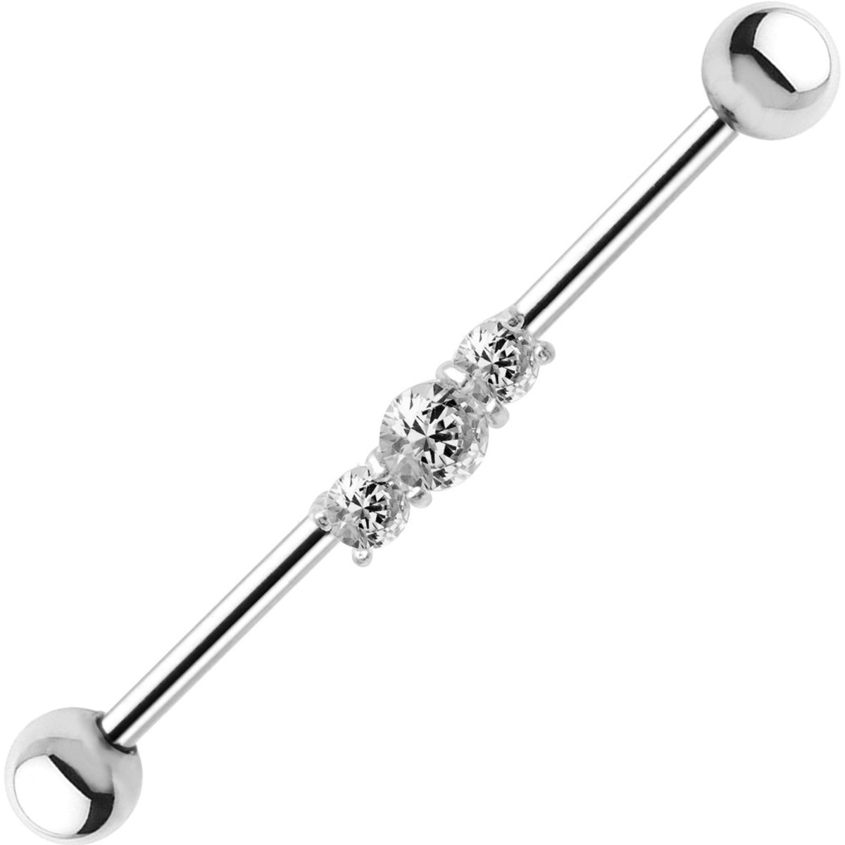 Surgical Steel 14 Gauge Industrial Barbell with Three Clear CZ Gems