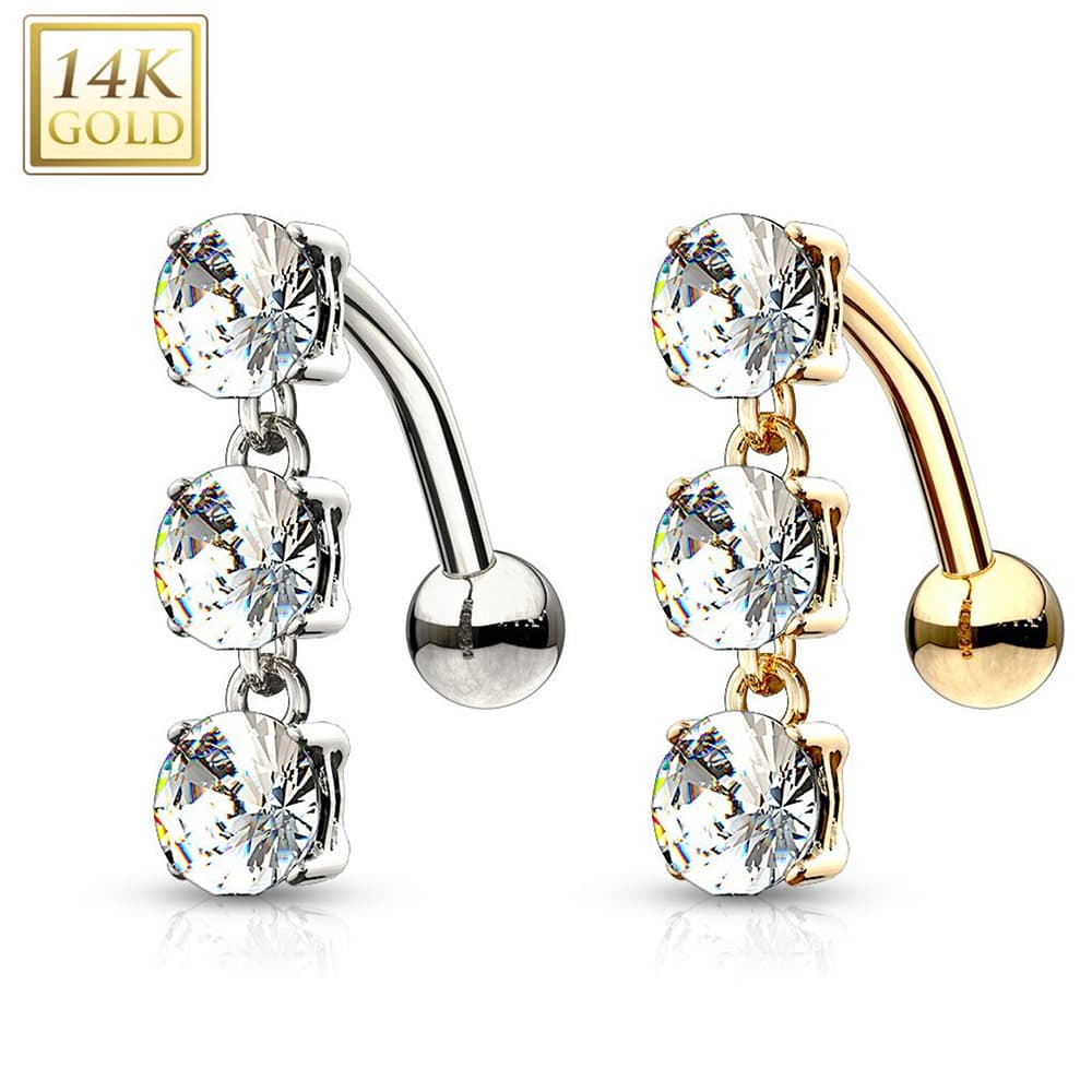 14K Solid Gold 14 Gauge Reverse Belly Ring with Triple CZ Drop